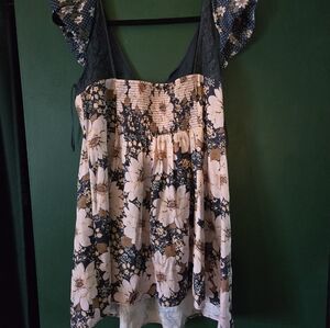 Free People mini dress floral babydoll lace smocked Xl